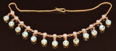 A 19thC micro mosaic necklace made up of circular links depicting flowers, marked A.F, 38cm