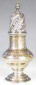 Georgian hallmarked silver sugar caster of baluster form, London 1739, maker's mark indistinct,