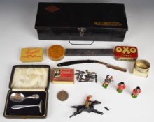 Hallmarked silver spoon and pusher, napkin ring, white metal pendant, cutthroat razor, vintage metal