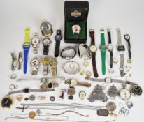 A collection of costume jewellery and watches including pearl earrings, Westclox pocket watch on