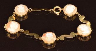 A 9ct gold bracelet set with five cameos depicting young women, 6.2g, 17cm