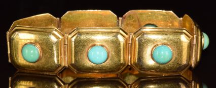 Victorian yellow metal bracelet set with turquoise cabochons, engraved inside one panel A.M.Birkbeck