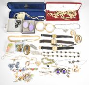 A collection of costume jewellery including marcasite necklace, enamel bracelet, Lotus faux pearls