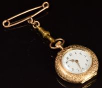 Unnamed 14ct gold keyless winding open faced pocket watch with gold hands, black Arabic numerals,