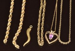Four 9ct gold chains, a 9ct gold chilli pendant and a 9ct gold heart pendant set with an amethyst,