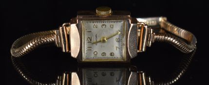 Bravingtons Renown 9ct gold ladies wristwatch with gold hands and Arabic numerals, silver dial and
