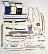 A collection of costume jewellery including silver earrings, opal boulder pendant, silver plaited