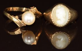 Two 9ct gold rings, one set with a pearl and one a cameo, 4.4g, size Q & J
