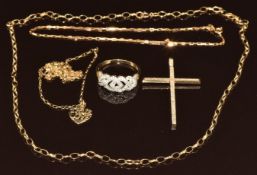 Two 9ct gold chains, 9ct gold pendant 'true love', 9ct gold bracelet, 9ct gold cross set with