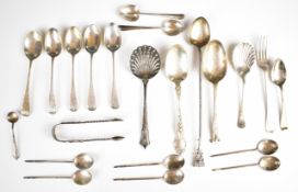 Hallmarked and other silver cutlery to include pair of Art Nouveau spoons, sifter spoon, set of five