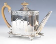 Georgian hallmarked silver teapot and stand with bright cut decoration, London 1791, maker Henry