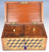 19thC Tunbridgeware two division tea caddy with geometric decoration to all aspects, the interior