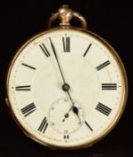 Unnamed 14ct gold open faced pocket watch with blued hands, black Roman numerals, white enamel dial,