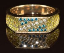 A 9ct gold ring set with blue, green and colourless diamonds, 12.8g, size Y