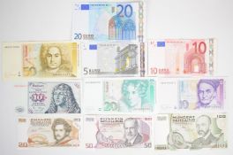 Ten Germany, Austria and Europe banknotes consisting of Germany 10, 20 and 50 Deutsche Mark notes