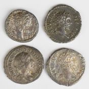 Four Roman silver Denarius comprising three Septimius Severus 193-211 AD, one laureate head right,