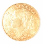 Swiss 1915 10 Franc Helvetia gold coin, 3.22g 0.900