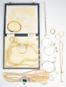 A collection of jewellery including faux pearls, Napier bangle, rolled gold bangle, cubic zirconia