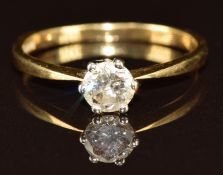 An 18ct gold ring set with a round cut diamond of approximately 0.5ct, 2.7g, size R