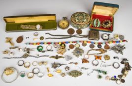 A collection of costume jewellery including silver vesta, silver watch chain (damaged), eight silver