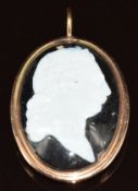 Georgian 9ct gold pendant set with a portrait miniature of a gentleman, 7.6g, 3.5 x 2.2cm
