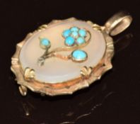 Victorian mourning pendant set with chalcedony agate and turquoise, verso a glass locket compartment