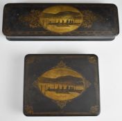 Two Isle of Man interest 19th/20thC lacquer boxes with central cartouches 'Ramsey from the New