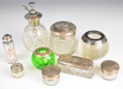 Hallmarked silver mounted glass items comprising match striker, similar green glass holder, six