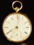 Campbell 18ct gold open faced pocket watch with inset subsidiary seconds dial, silver hands, black