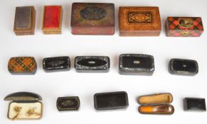 Two Tunbridge ware pin cushions, Sorrento ware boxes, Tartan ware Grantown boxes and a collection of