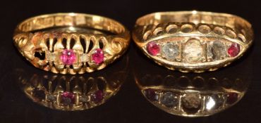 Two 18ct gold rings set with rubies and diamonds (missing stones), 3.6g, size J/K & M/N (
