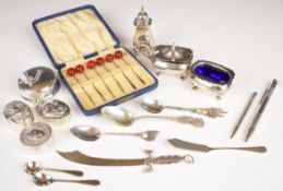 Hallmarked silver items comprising three piece cruet set, four pill pots, cocktail skewers with