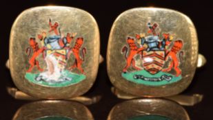 A pair of yellow metal cufflinks set with enamel, 10g