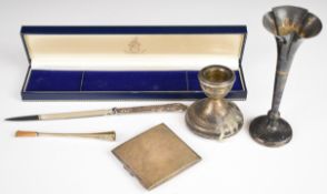 Hallmarked silver and silver mounted items comprising Art Deco style compact, trumpet vase,