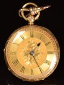 Unnamed 18ct gold open faced pocket watch with blued hands, black Roman numerals, engraved gold dial