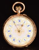 Fattorini & Sons of Bradford 9ct gold keyless winding open faced pocket watch with gold hands,