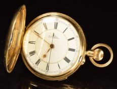 H Samuel 18ct gold keyless winding half hunter pocket watch with blued centre seconds hand, gold
