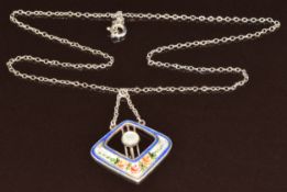 Charles Horner silver pendant set with pearl and enamel on silver chain, Chester 1917, 4.3g, 3.