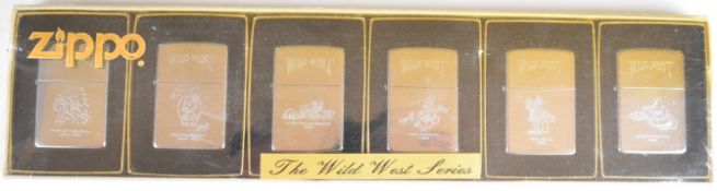Five 'The Wild West Series' polished chrome Zippo lighters comprising Chief Sitting Bull, Wyatt
