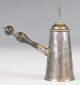 David Clayton Georgian novelty miniature silver chocolate pot with turned wooden handle, stirrer and