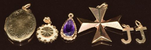 Six 9ct gold pendants including Maltese cross, locket, 'J', amethyst and bright-cut, 11.9g,