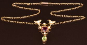 Edwardian 9ct gold Suffragette necklace set with a pear cut peridot, pearls, split pearls and a