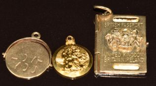 Three 9ct gold charms/ pendant in the form of a passport, St Christopher and swivel 'I love you',