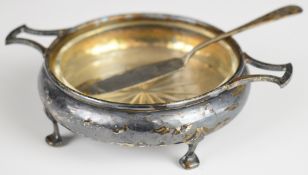 Albert Edward Jones George V hallmarked silver twin handled butter dish with cut glass liner,