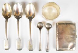 Hallmarked silver items comprising three fiddle pattern teaspoons, napkin ring, two condiment spoons