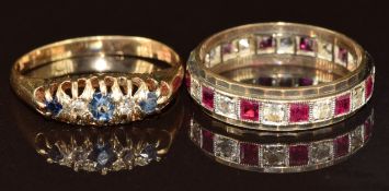 A c1910 9ct gold ring set with diamonds and sapphires and a 9ct gold eternity ring set with