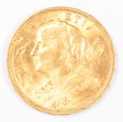 Swiss 1909 20 Franc Helvetia gold coin, 6.45g 0.900