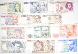Twelve France, Italy and Spain banknotes consisting of four high-grade 1990-93 France notes (all