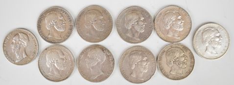 Ten Netherlands two and a half Gulden coins 1845-1872 featuring King William II and King William