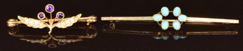 Edwardian 15ct gold brooch set with amethysts and pearls (2.4g) and a 9ct gold brooch set with